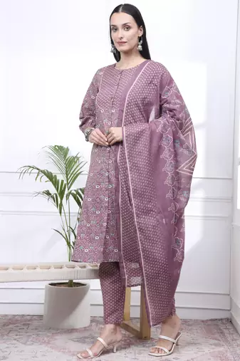 mauve ethnic motifs a-line kurta trouser dupatta set
