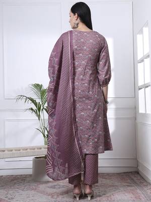 mauve ethnic motifs a-line kurta trouser dupatta set 3