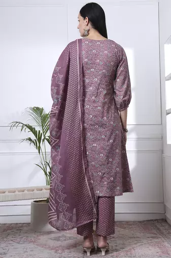 mauve ethnic motifs a-line kurta trouser dupatta set