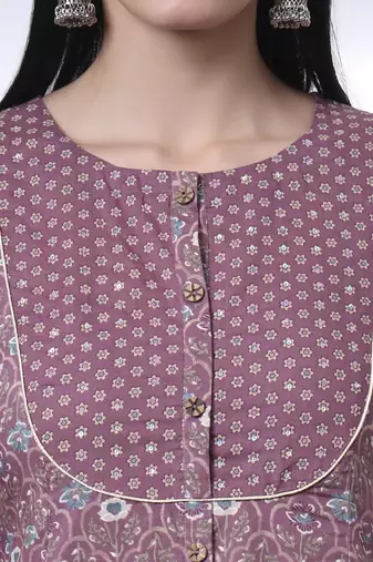 mauve ethnic motifs a-line kurta trouser dupatta set