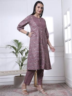 mauve ethnic motifs a-line kurta trouser dupatta set 5