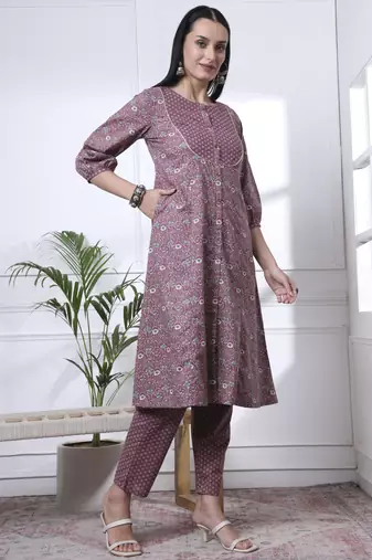 mauve ethnic motifs a-line kurta trouser dupatta set