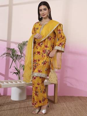 mustard embroidered straight kurta palazzo dupatta set 1