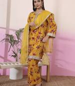 mustard embroidered straight kurta palazzo dupatta set