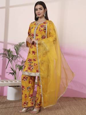 mustard embroidered straight kurta palazzo dupatta set 2