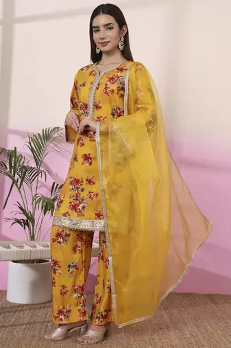 mustard embroidered straight kurta palazzo dupatta set