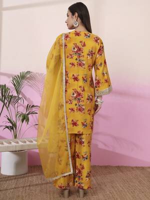 mustard embroidered straight kurta palazzo dupatta set 3
