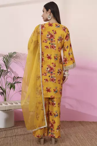 mustard embroidered straight kurta palazzo dupatta set