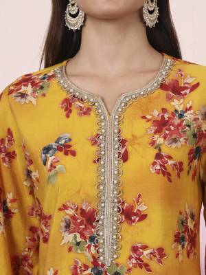 mustard embroidered straight kurta palazzo dupatta set 4