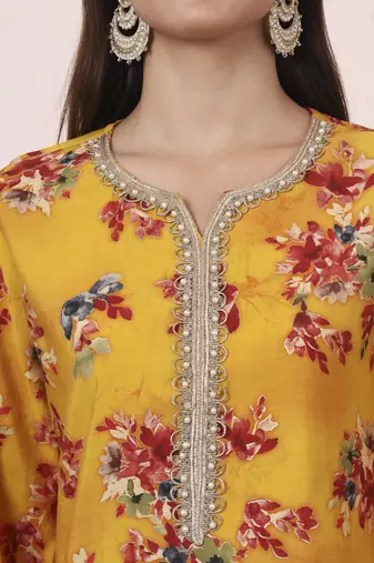 mustard embroidered straight kurta palazzo dupatta set