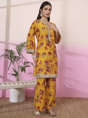 mustard embroidered straight kurta palazzo dupatta set 5