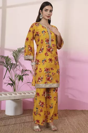 mustard embroidered straight kurta palazzo dupatta set