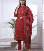 red floral print straight kurta trouser dupatta set