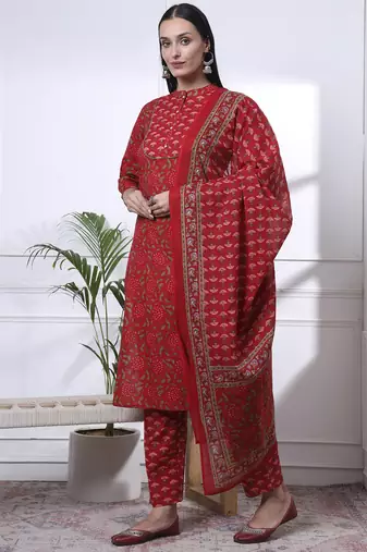 red floral print straight kurta trouser dupatta set