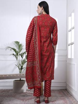 red floral print straight kurta trouser dupatta set 3