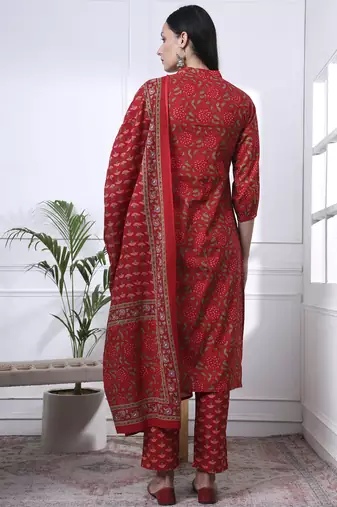red floral print straight kurta trouser dupatta set