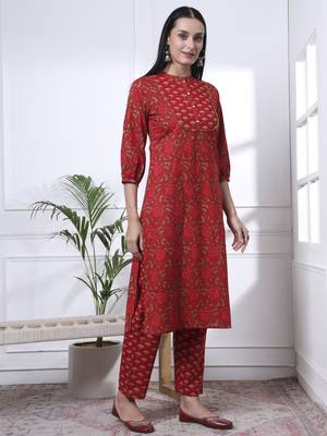 red floral print straight kurta trouser dupatta set 5