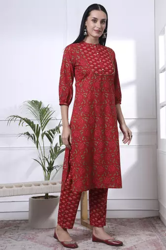 red floral print straight kurta trouser dupatta set