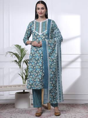 turquoise blue floral,lace work cotton straight kurta trouser dupatta set 1