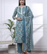 turquoise blue floral,lace work cotton straight kurta trouser dupatta set