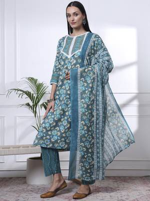 turquoise blue floral,lace work cotton straight kurta trouser dupatta set 2