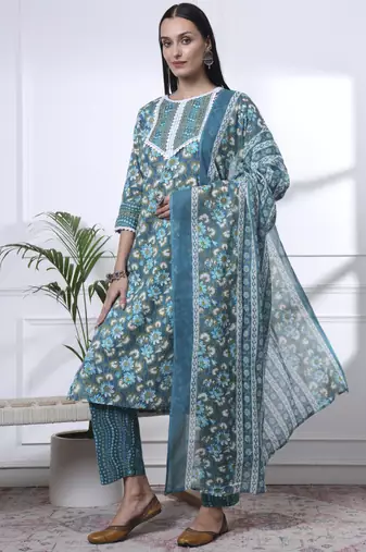 turquoise blue floral,lace work cotton straight kurta trouser dupatta set