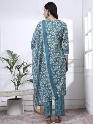 turquoise blue floral,lace work cotton straight kurta trouser dupatta set 3