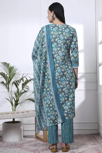 turquoise blue floral,lace work cotton straight kurta trouser dupatta set