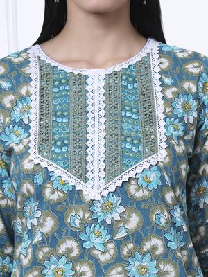 turquoise blue floral,lace work cotton straight kurta trouser dupatta set 4