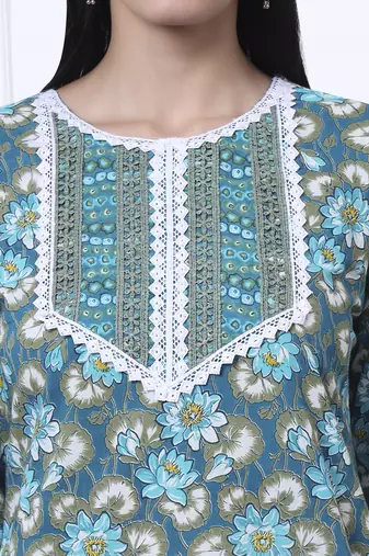turquoise blue floral,lace work cotton straight kurta trouser dupatta set