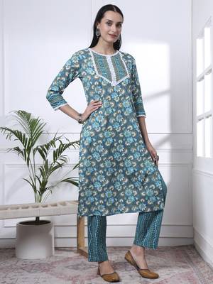 turquoise blue floral,lace work cotton straight kurta trouser dupatta set 5