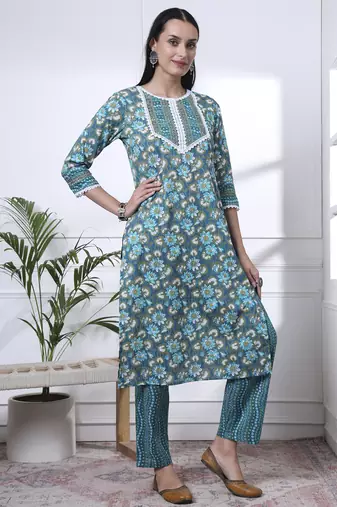 turquoise blue floral,lace work cotton straight kurta trouser dupatta set