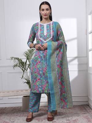 turquoise blue patch work,lace work cotton straight kurta trouser dupatta set 1