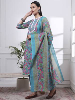 turquoise blue patch work,lace work cotton straight kurta trouser dupatta set 2