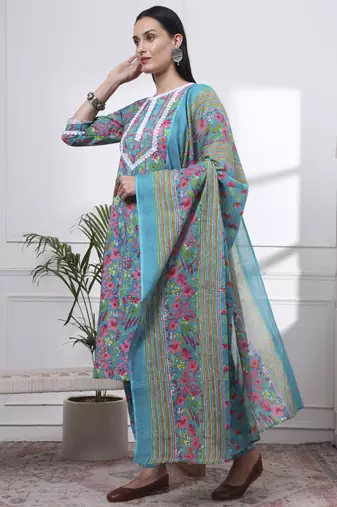 turquoise blue patch work,lace work cotton straight kurta trouser dupatta set