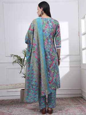 turquoise blue patch work,lace work cotton straight kurta trouser dupatta set 3