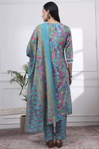 turquoise blue patch work,lace work cotton straight kurta trouser dupatta set