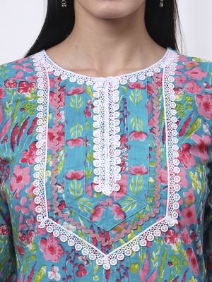turquoise blue patch work,lace work cotton straight kurta trouser dupatta set 4