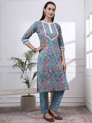 turquoise blue patch work,lace work cotton straight kurta trouser dupatta set 5