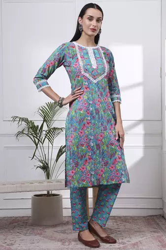 turquoise blue patch work,lace work cotton straight kurta trouser dupatta set