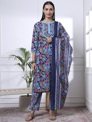 indigo blue lace work cotton straight kurta trouser dupatta set 1