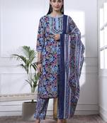 indigo blue lace work cotton straight kurta trouser dupatta set