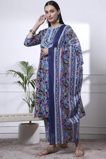 indigo blue lace work cotton straight kurta trouser dupatta set