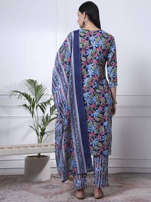 indigo blue lace work cotton straight kurta trouser dupatta set 3