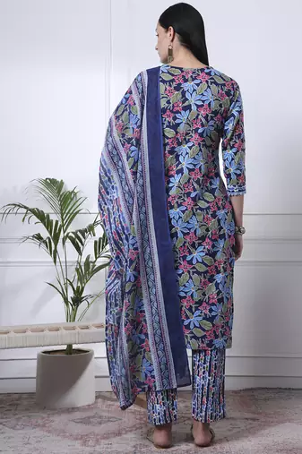 indigo blue lace work cotton straight kurta trouser dupatta set