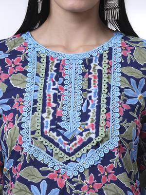 indigo blue lace work cotton straight kurta trouser dupatta set 4