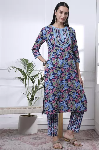 indigo blue lace work cotton straight kurta trouser dupatta set