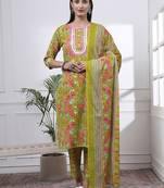 green floral print straight kurta trouser dupatta set