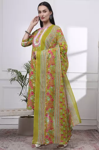 green floral print straight kurta trouser dupatta set