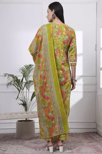 green floral print straight kurta trouser dupatta set